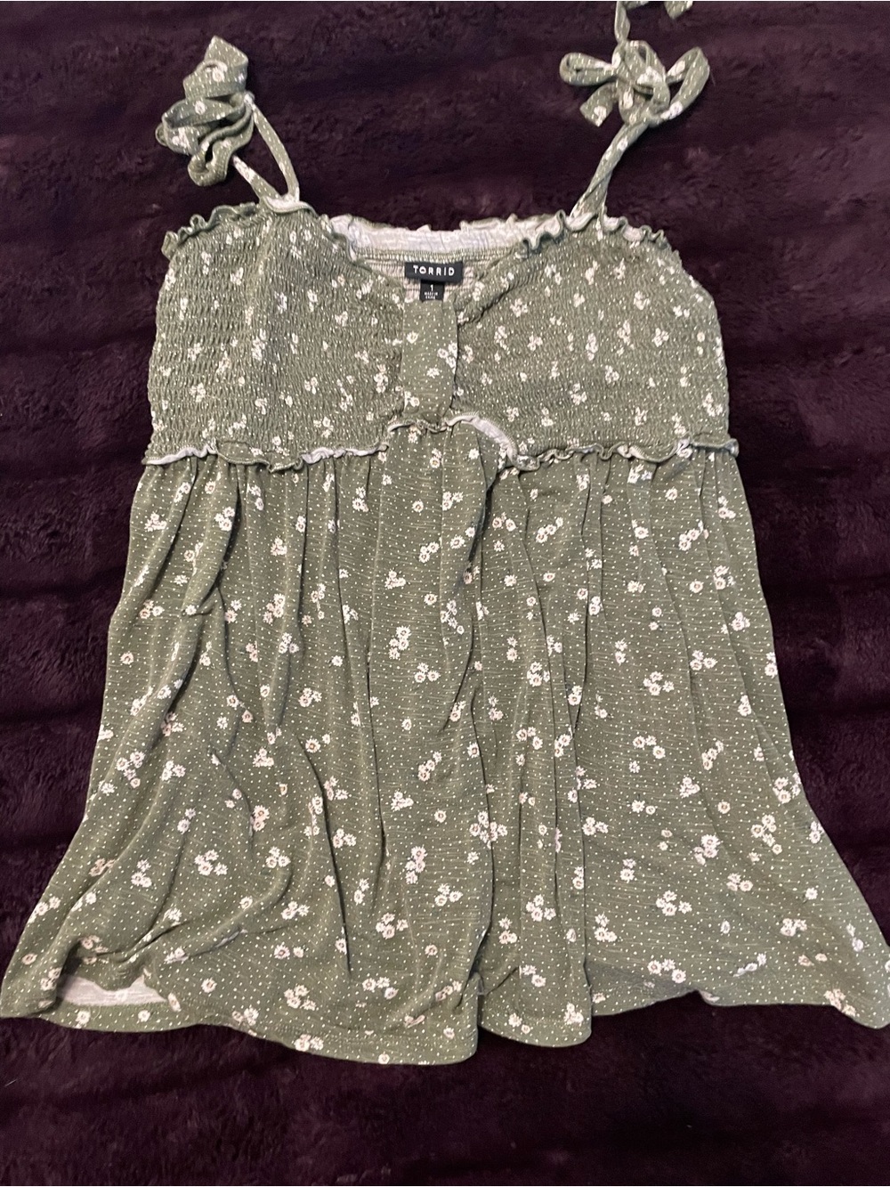Torrid Olive Green Floral Smocked Tie-Shoulder Camisole